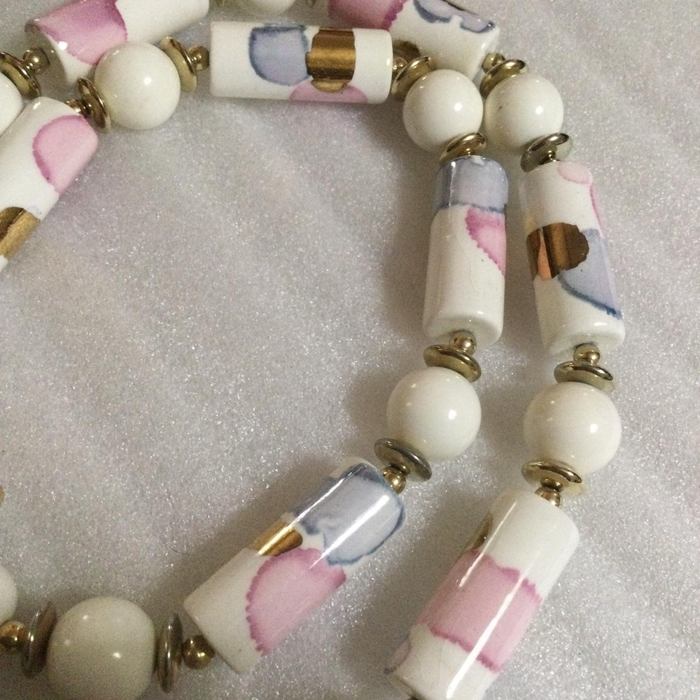 White Ceramic Bead Necklace with Pink and Blue Accents